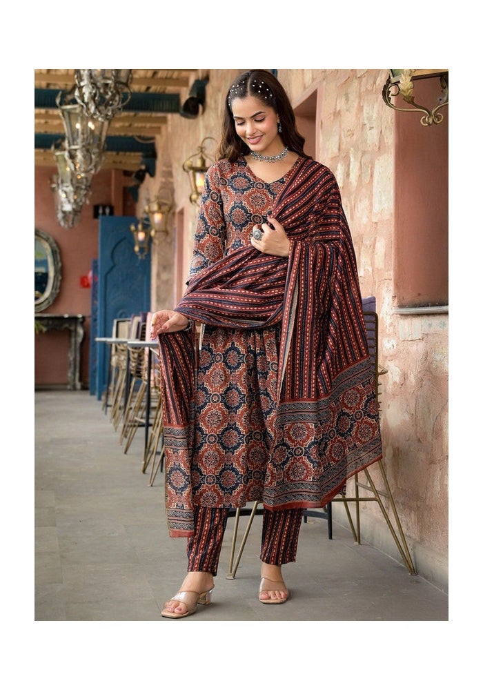Malishka Export Maroon Rayon Printed Anarkali Kurta Pant Set for Women - Image 1